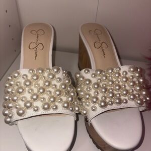 Jessica Simpson Cream Pearl-Embellished Slide Mules